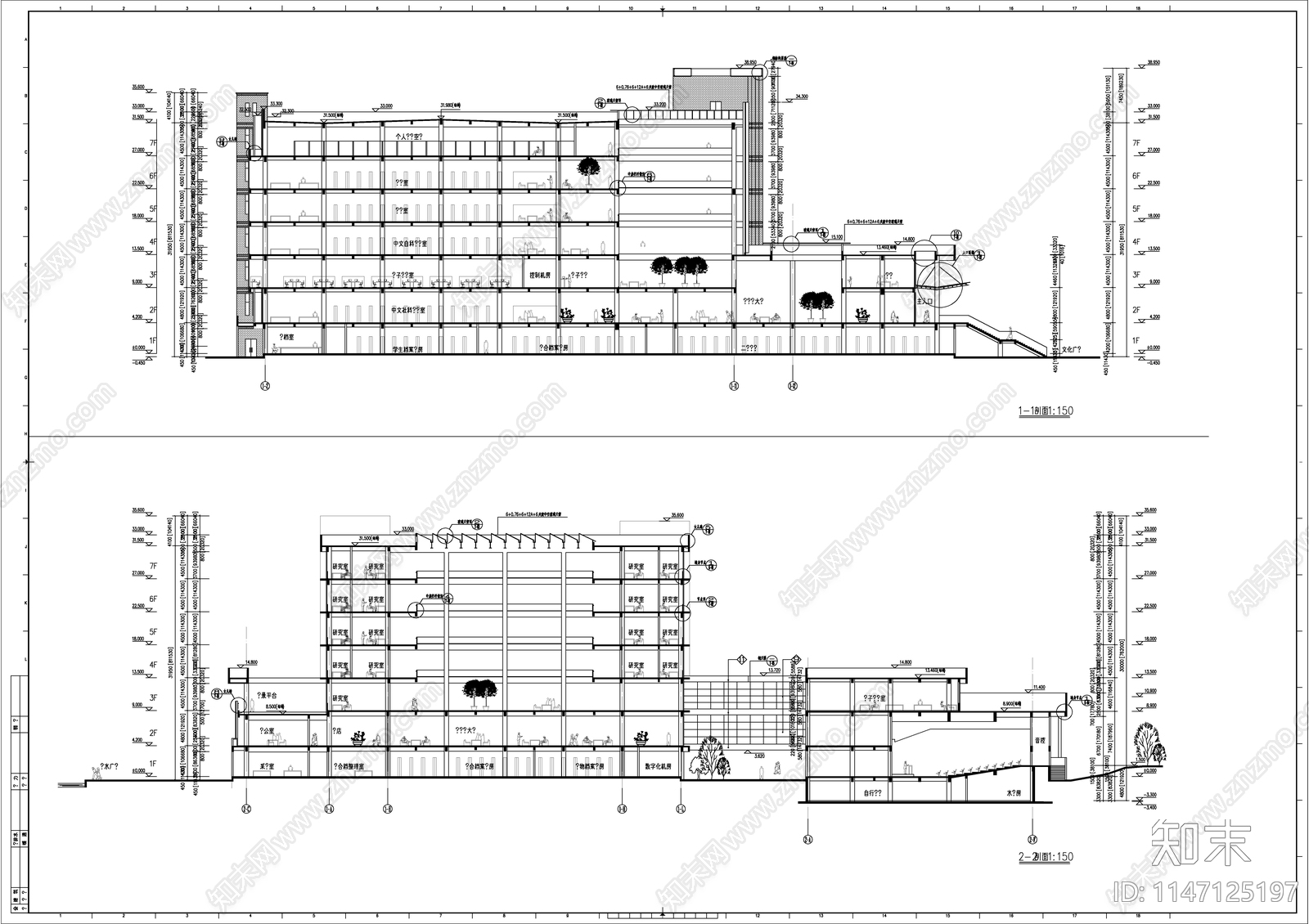 图书馆建筑cad施工图下载【ID:1147125197】