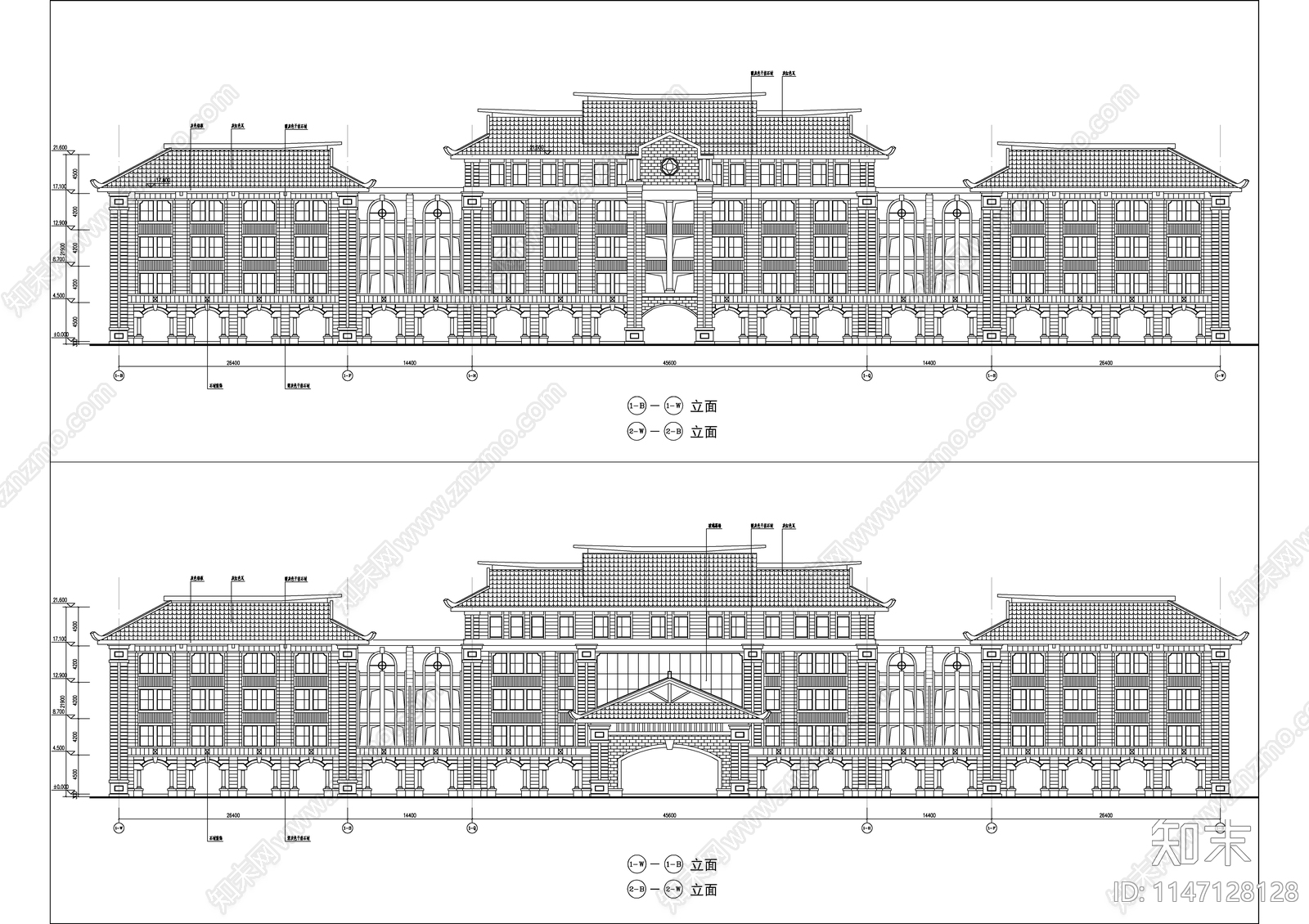 某高校8字形仿古风格教学楼建筑cad施工图下载【ID:1147128128】