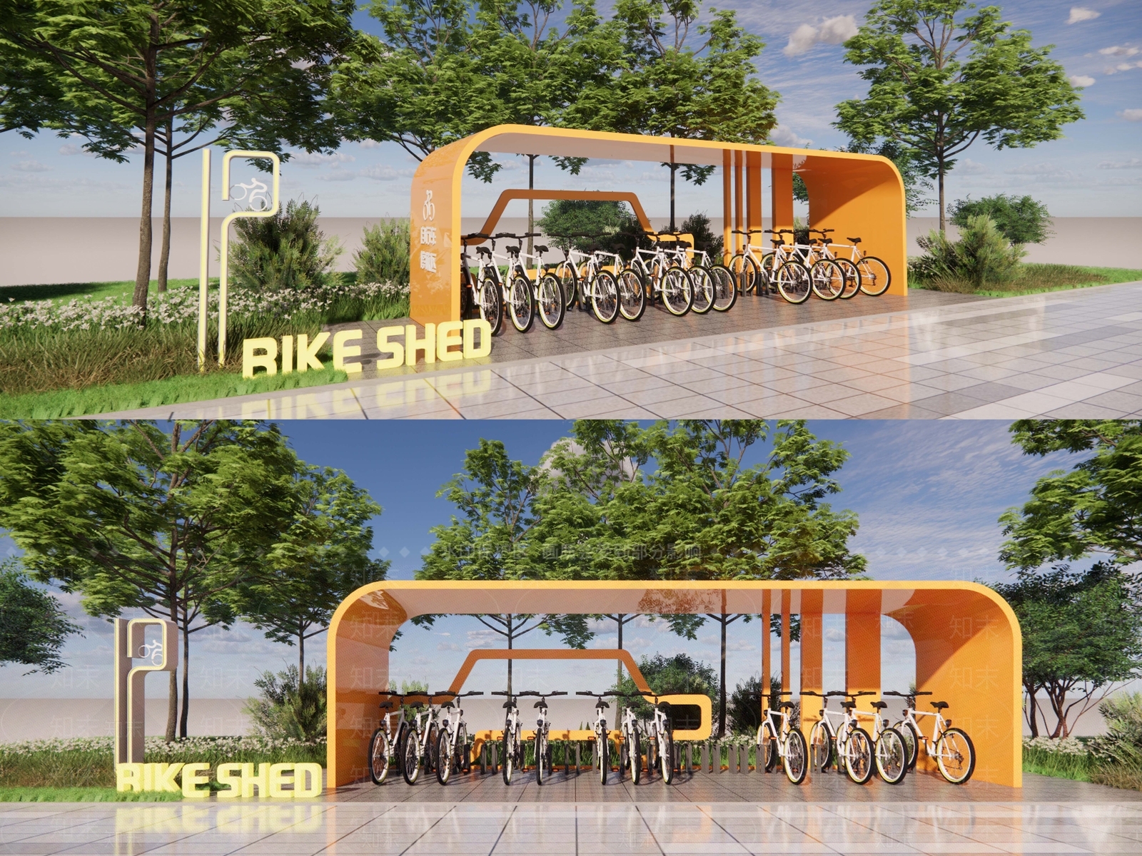 现代自行车停车棚SU模型下载【ID:1147147419】