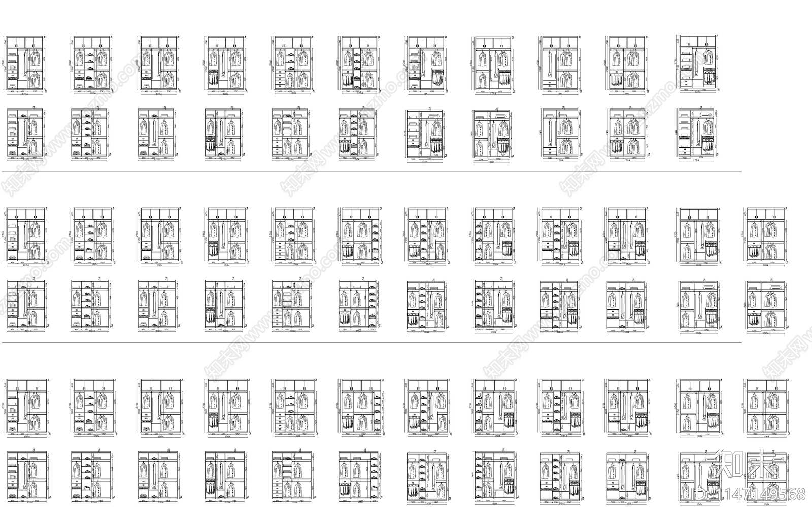 衣柜标准模板图库cad施工图下载【ID:1147149568】