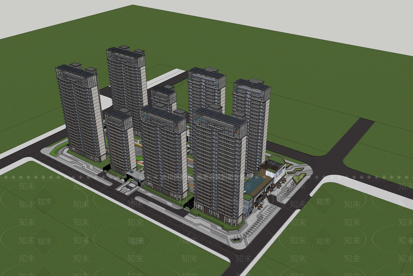 现代风格居住小区SU模型下载【ID:1147151140】