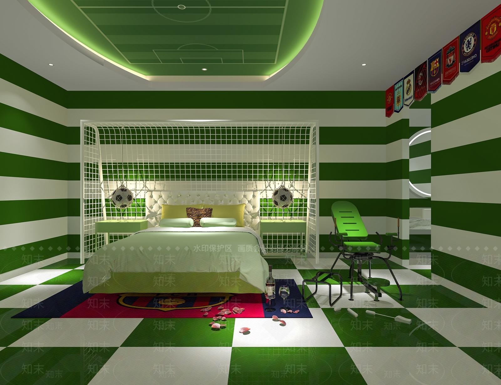 现代足球主题酒店客房3D模型下载【ID:1147155883】