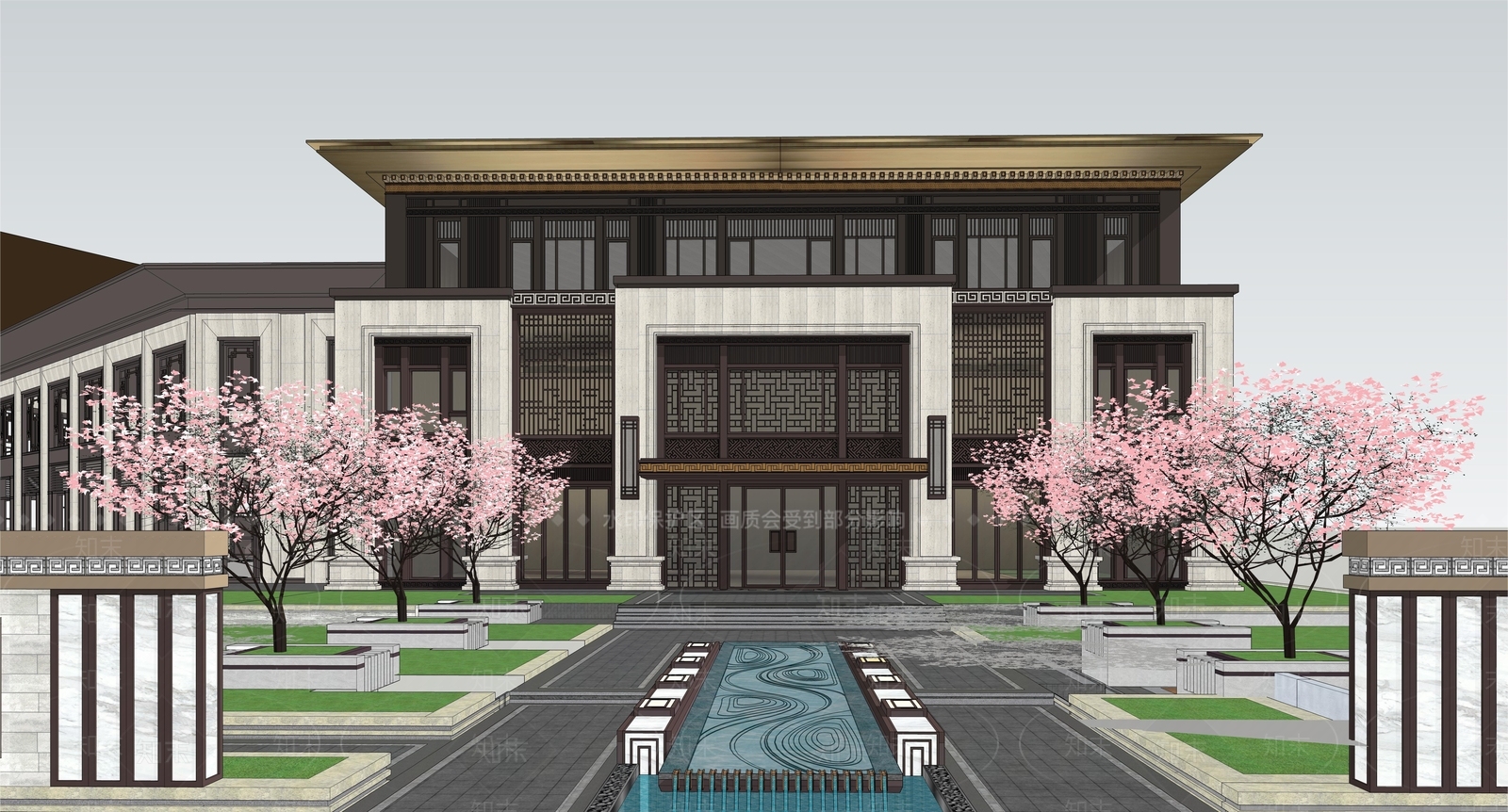 新中式新亚洲售楼处会所建筑新中式水景售楼处景观SU模型下载【ID:1147163018】