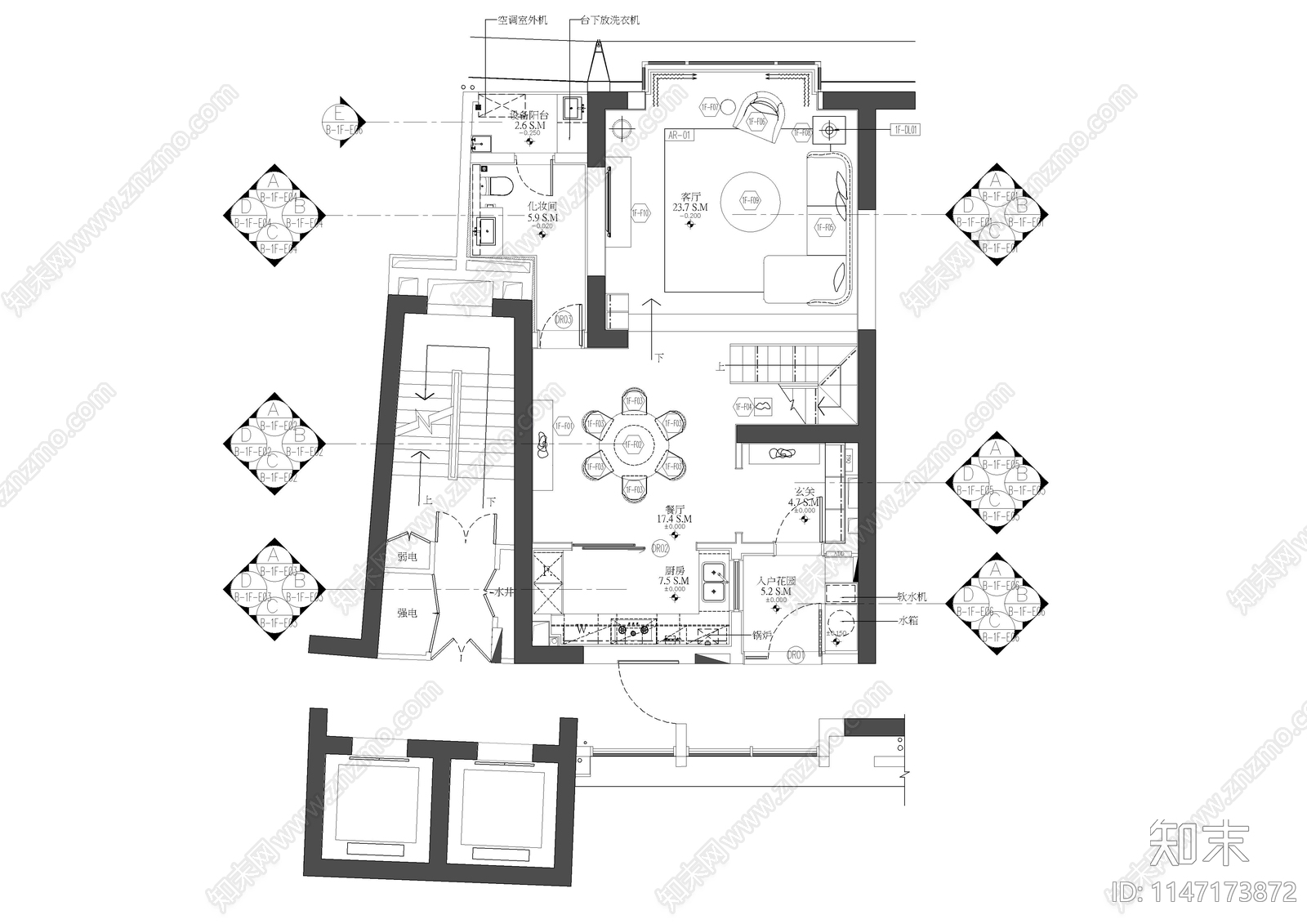 复式样板间室内cad施工图下载【ID:1147173872】