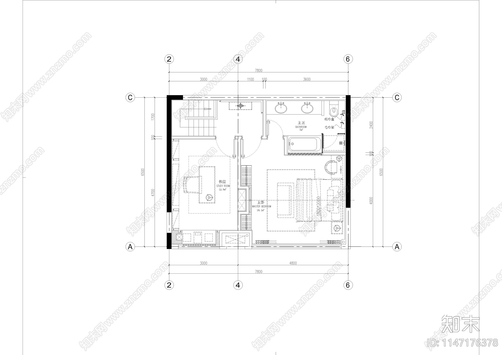 长沙165㎡新中式复式样板房室内cad施工图下载【ID:1147176378】