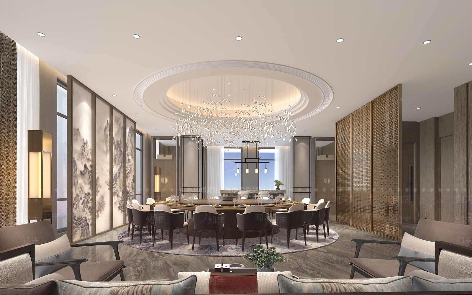 现代中式餐厅大包间3D模型下载【ID:1147186234】