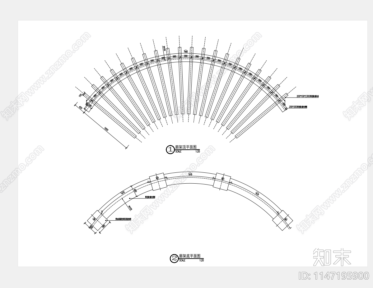 弧形乡村廊架cad施工图下载【ID:1147195900】