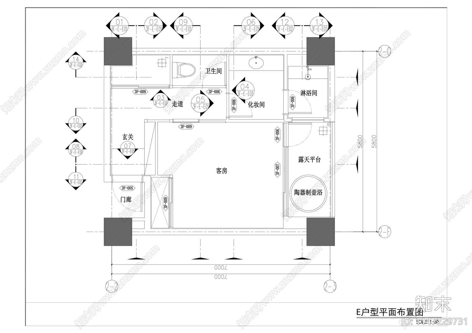 特色酒店汤屋客房室内cad施工图下载【ID:1147229731】