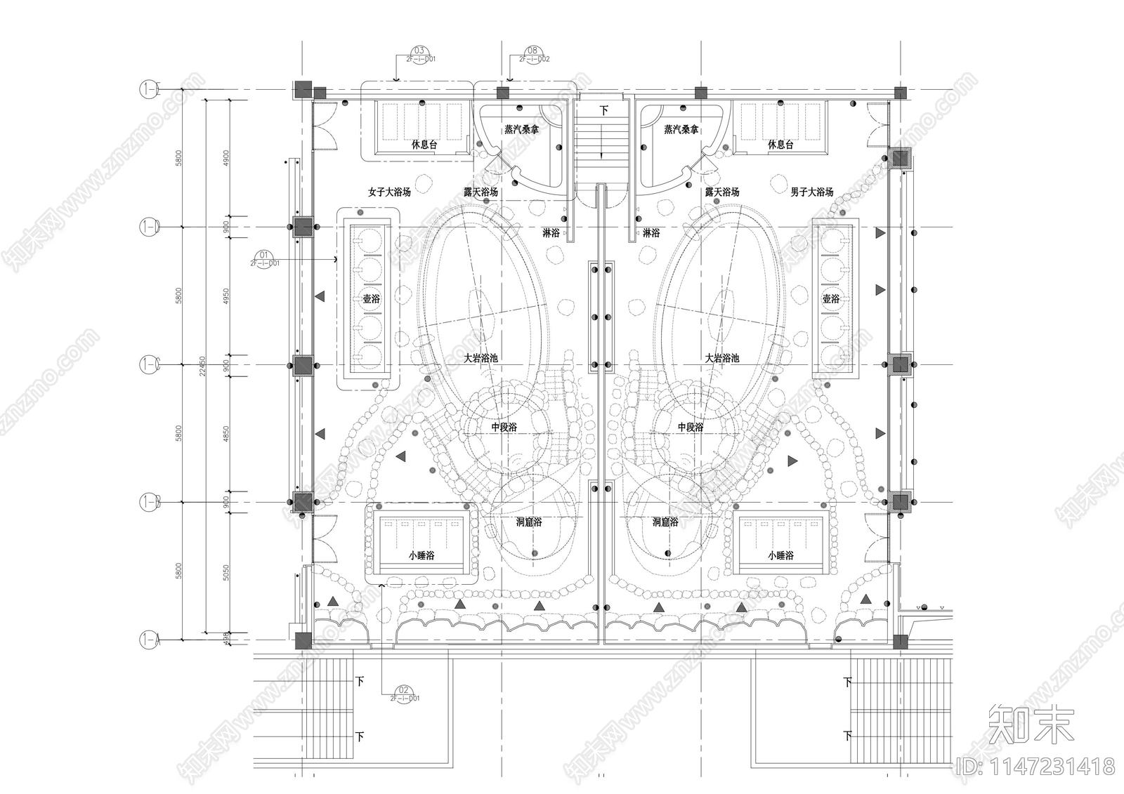 男女浴场露天浴池室内cad施工图下载【ID:1147231418】