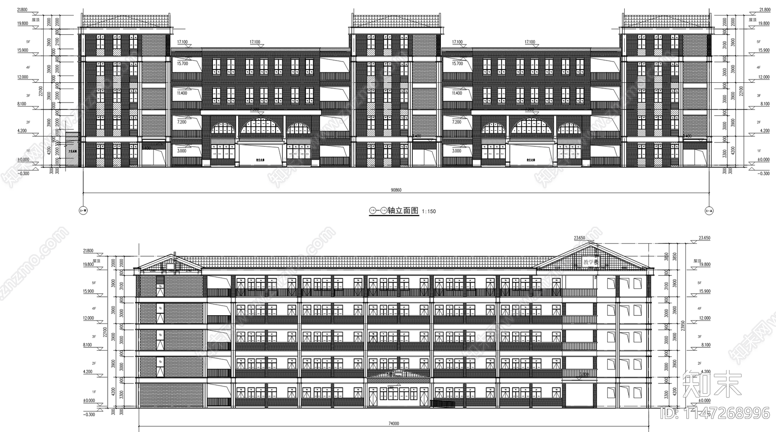 5层15000平现代中学教学楼建筑cad施工图下载【ID:1147268996】