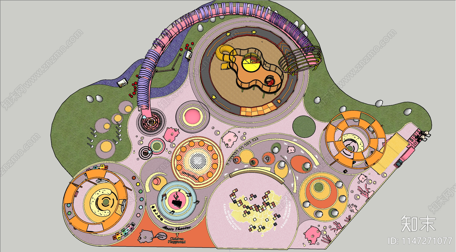 橙色粉色紫色系云朵蹦床穿越通道地图积木音乐小广场儿童游乐活动区SU模型下载【ID:1147271077】