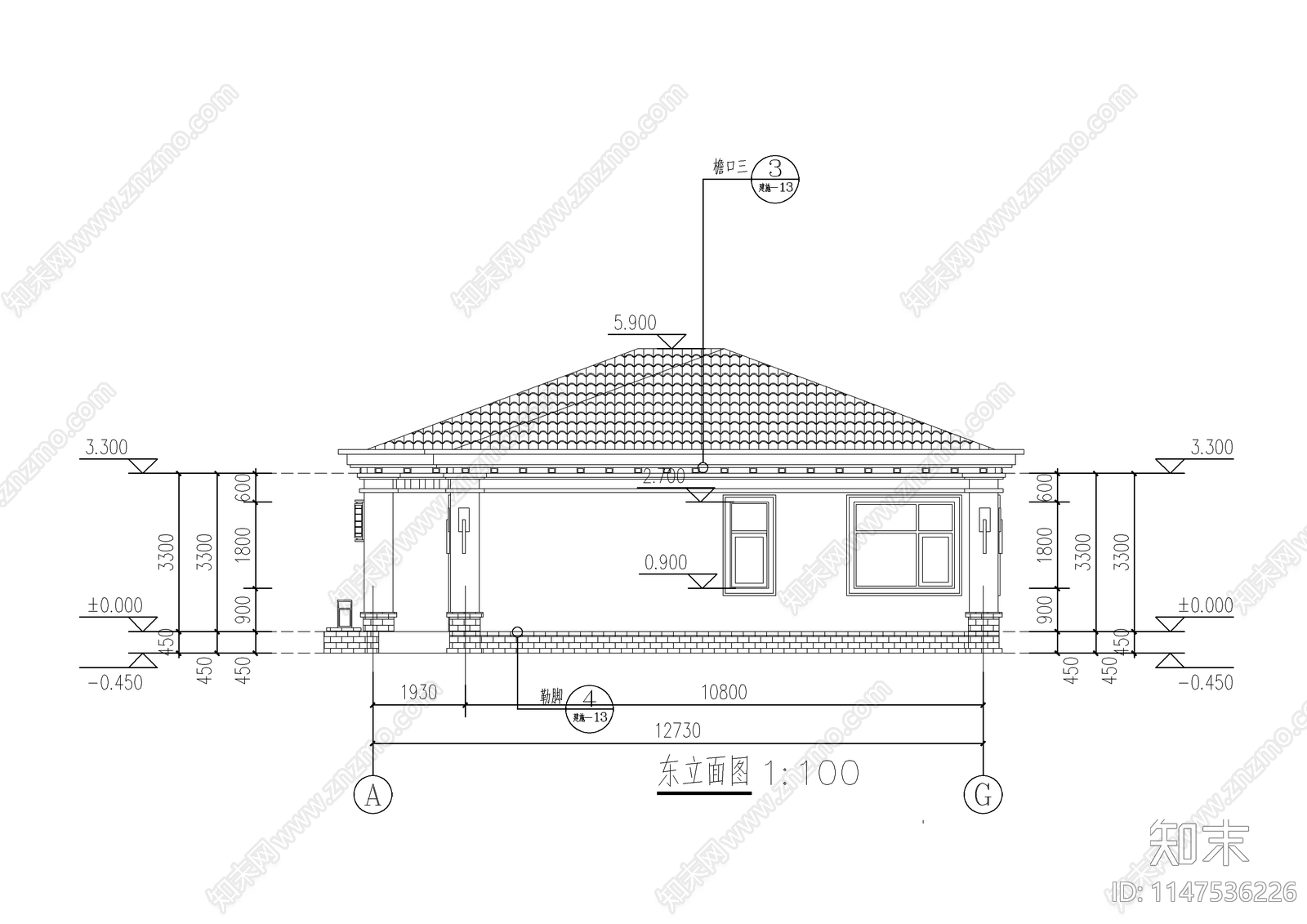 新中式单层别墅自建房建筑cad施工图下载【ID:1147536226】