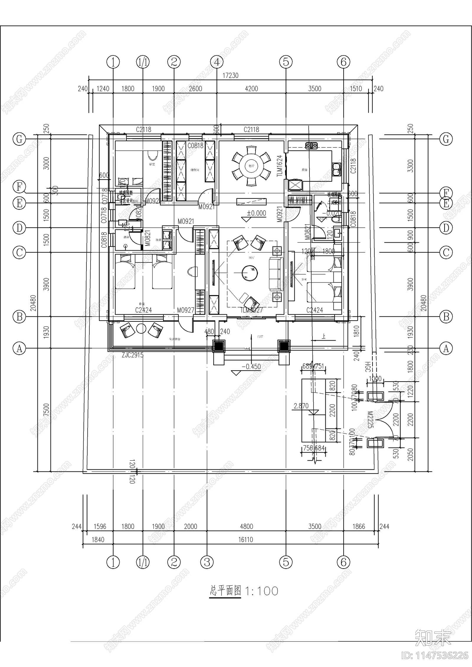 新中式单层别墅自建房建筑cad施工图下载【ID:1147536226】