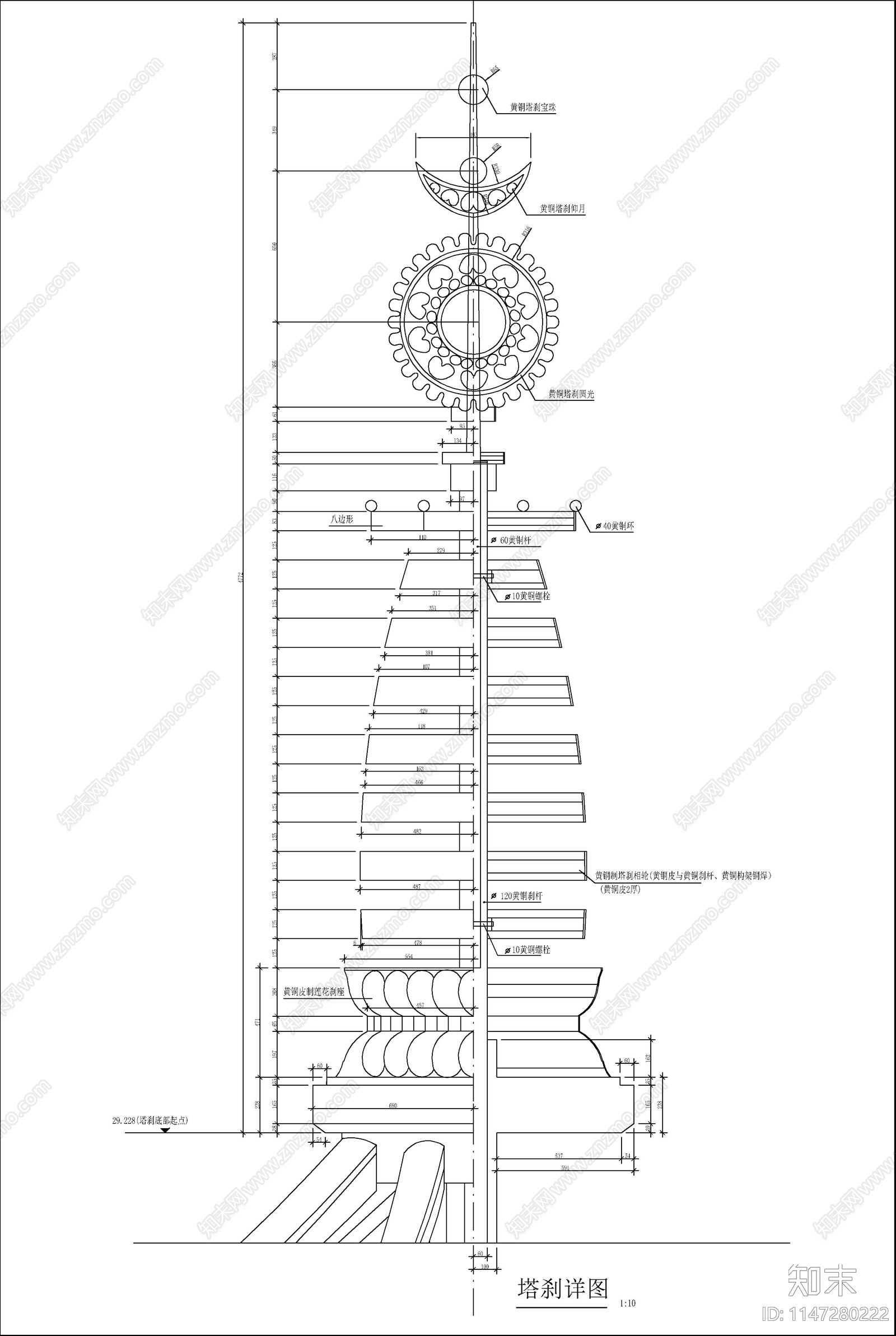 七层塔建筑cad施工图下载【ID:1147280222】