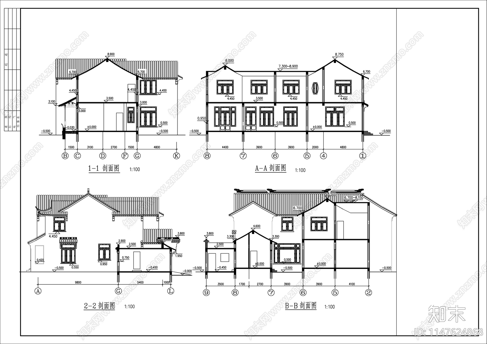 古建别墅建筑cad施工图下载【ID:1147624868】