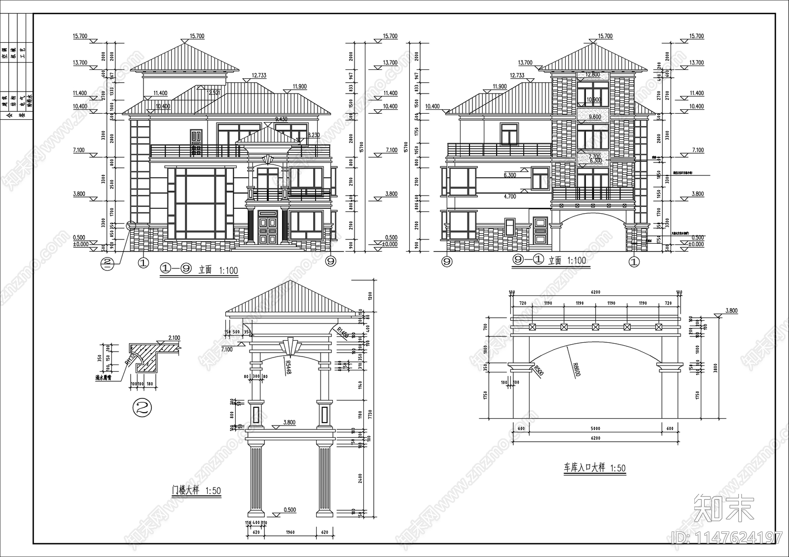 仿古别墅建筑cad施工图下载【ID:1147624197】