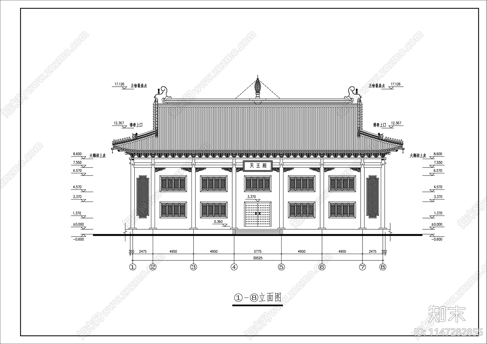 洗心禅寺天王殿cad施工图下载【ID:1147282855】