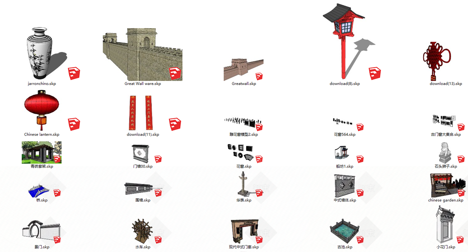 各类中式元素长城灯笼花灯春联小桥廊架华表SU模型下载【ID:1147288902】