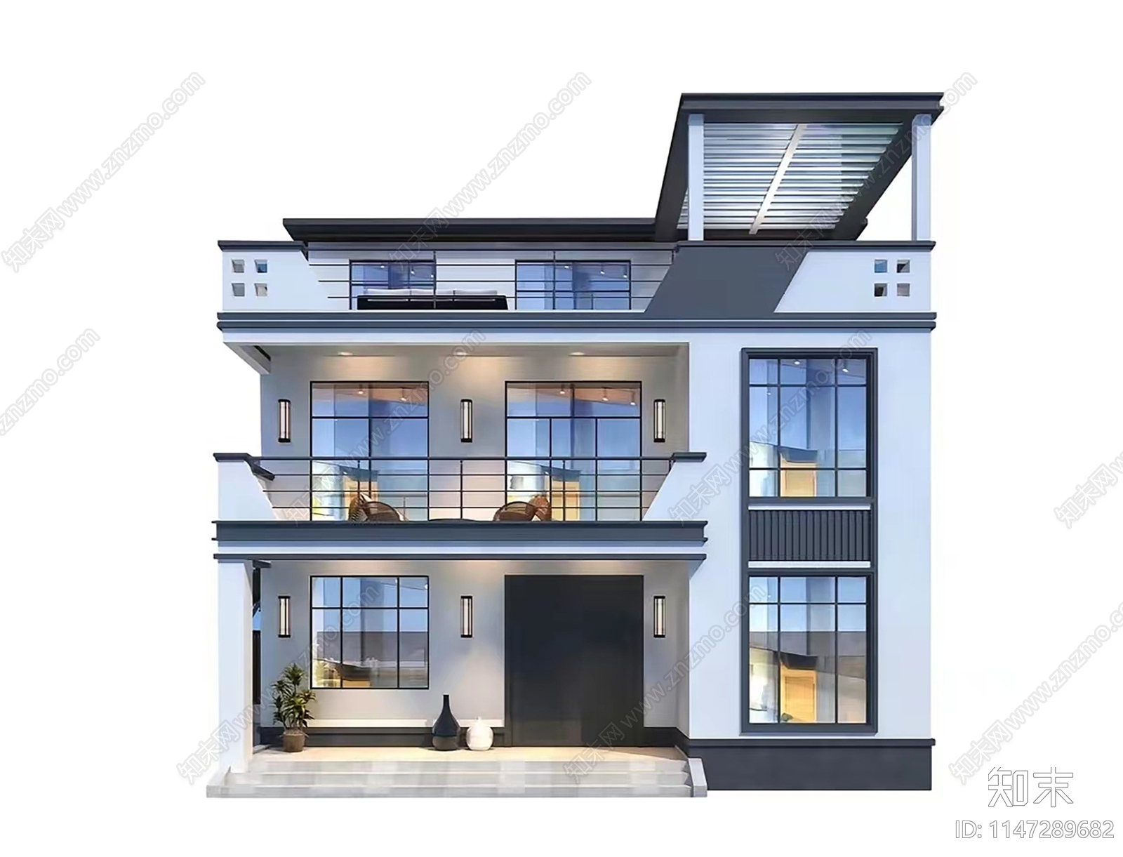 现代三层独栋别墅建筑施工图下载【ID:1147289682】