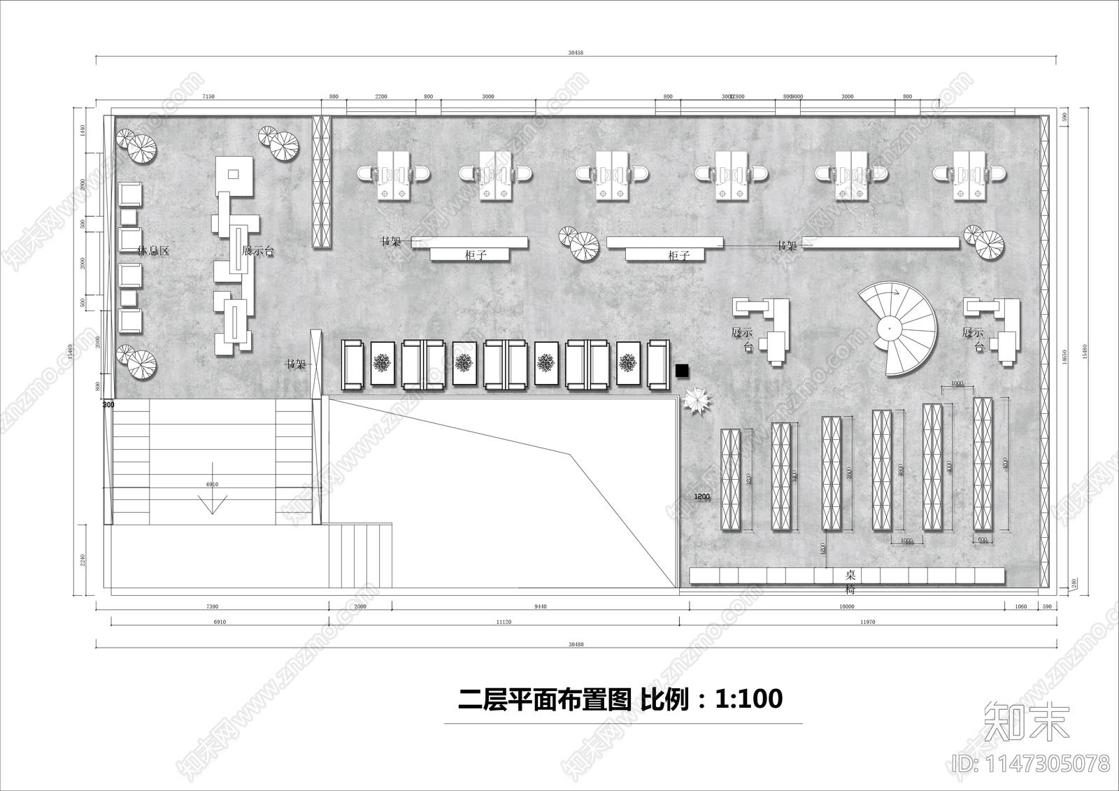 两层图书馆平面布局cad施工图下载【ID:1147305078】