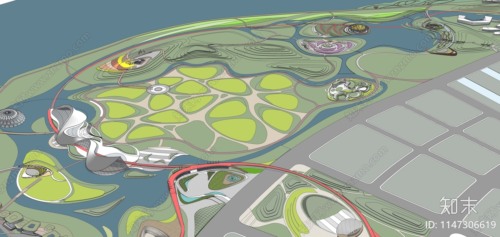 现代流线风格滨河公园规划SU模型下载【ID:1147306619】