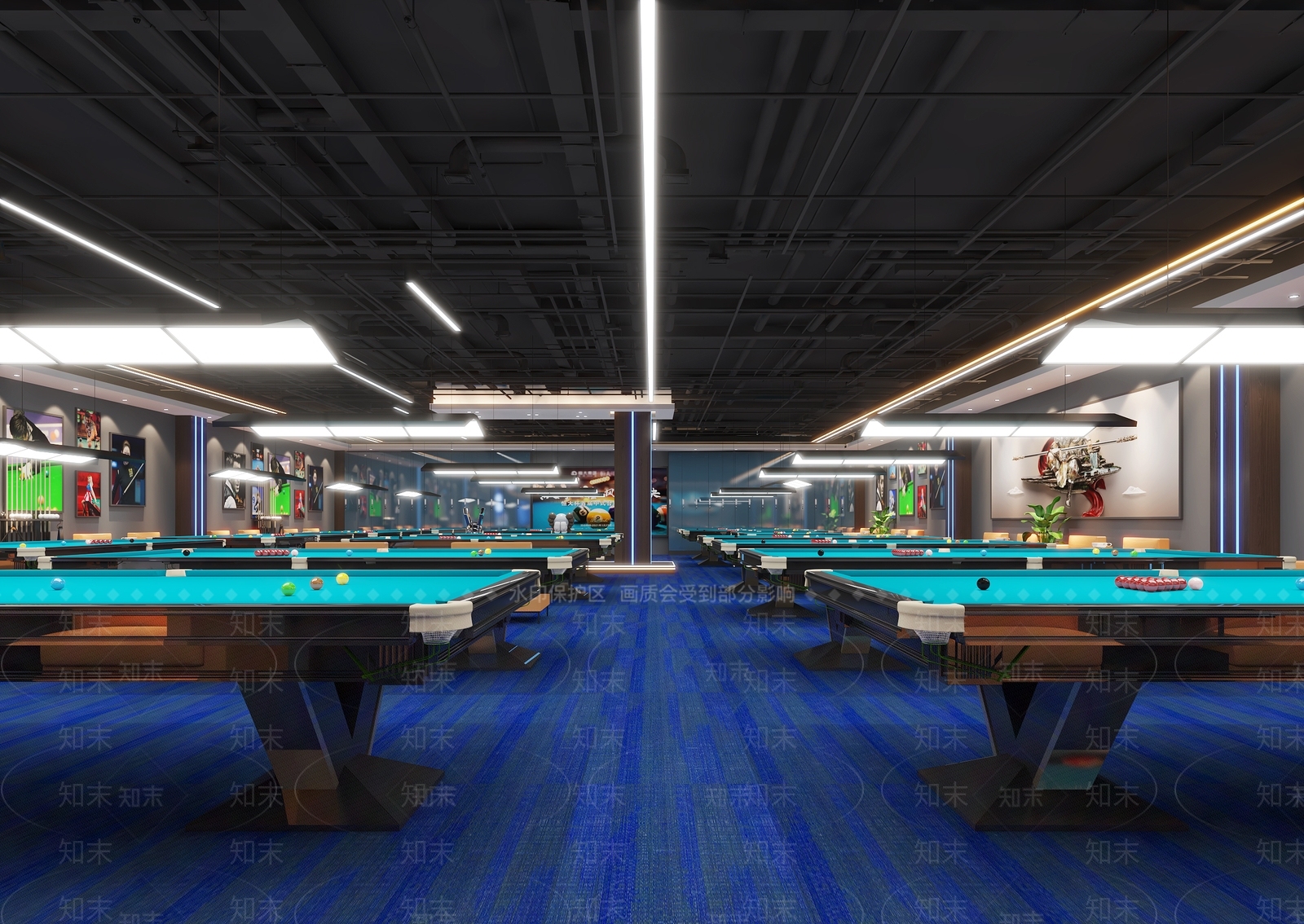 工业风台球室台球厅蓝色地毯轻奢豪华台球娱乐室3D模型下载【ID:1147309810】