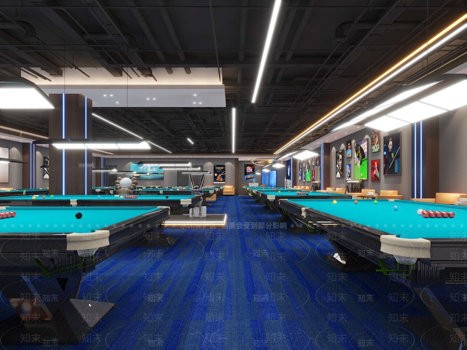 工业风台球室台球厅蓝色地毯轻奢豪华台球娱乐室3D模型下载【ID:1147309810】
