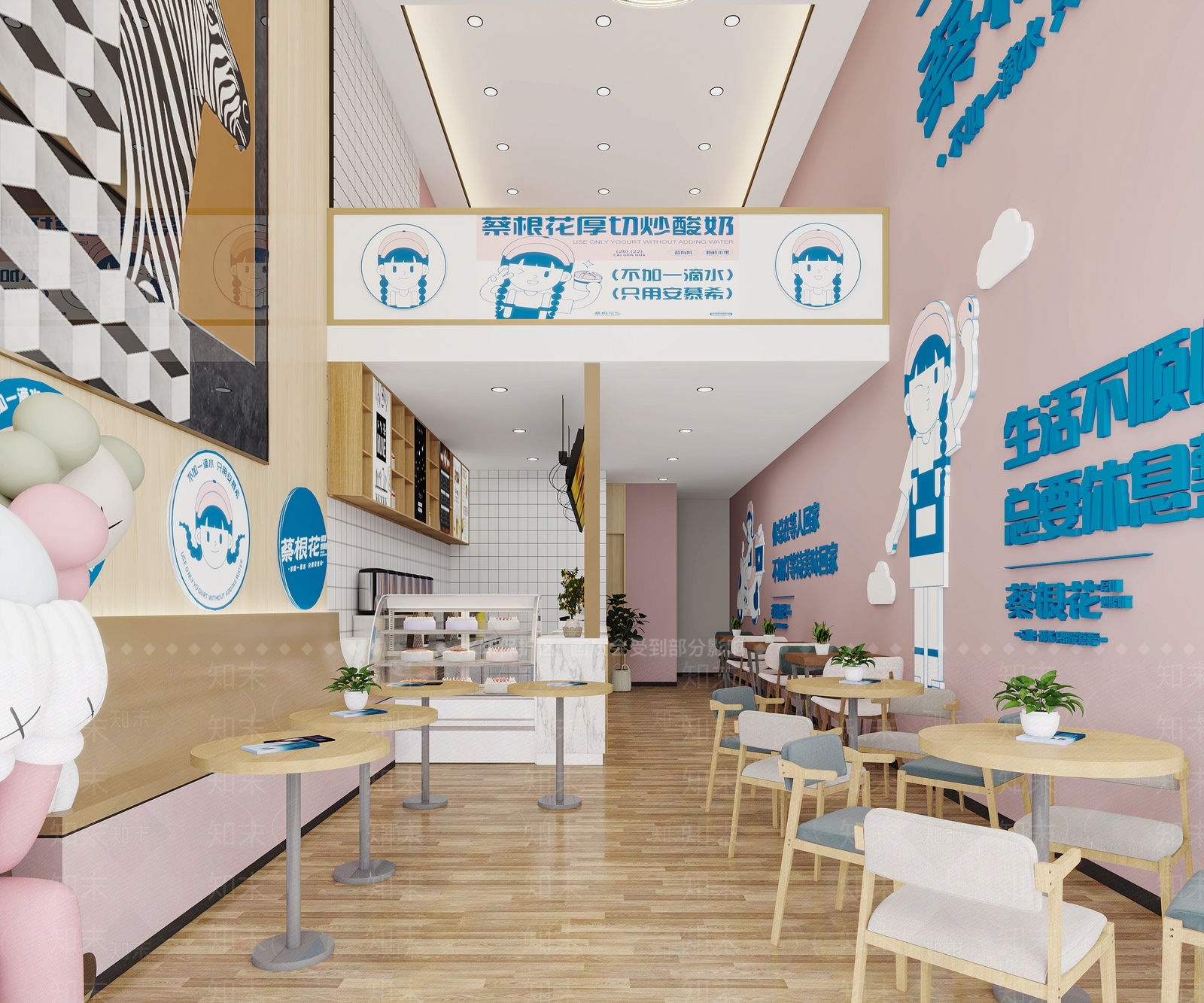 现代奶茶店咖啡店甜品店饮料粉色系挑空网红店3D模型下载【ID:1147309901】