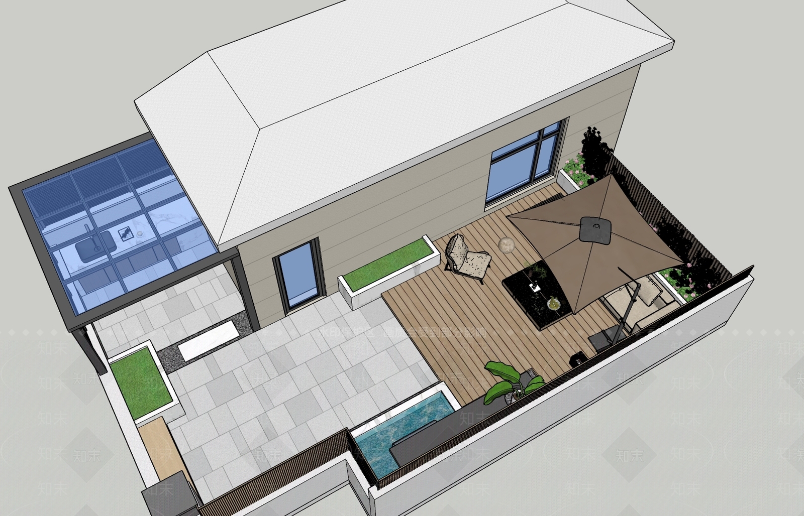 现代别墅庭院花园景观设计SU模型下载【ID:1147318571】