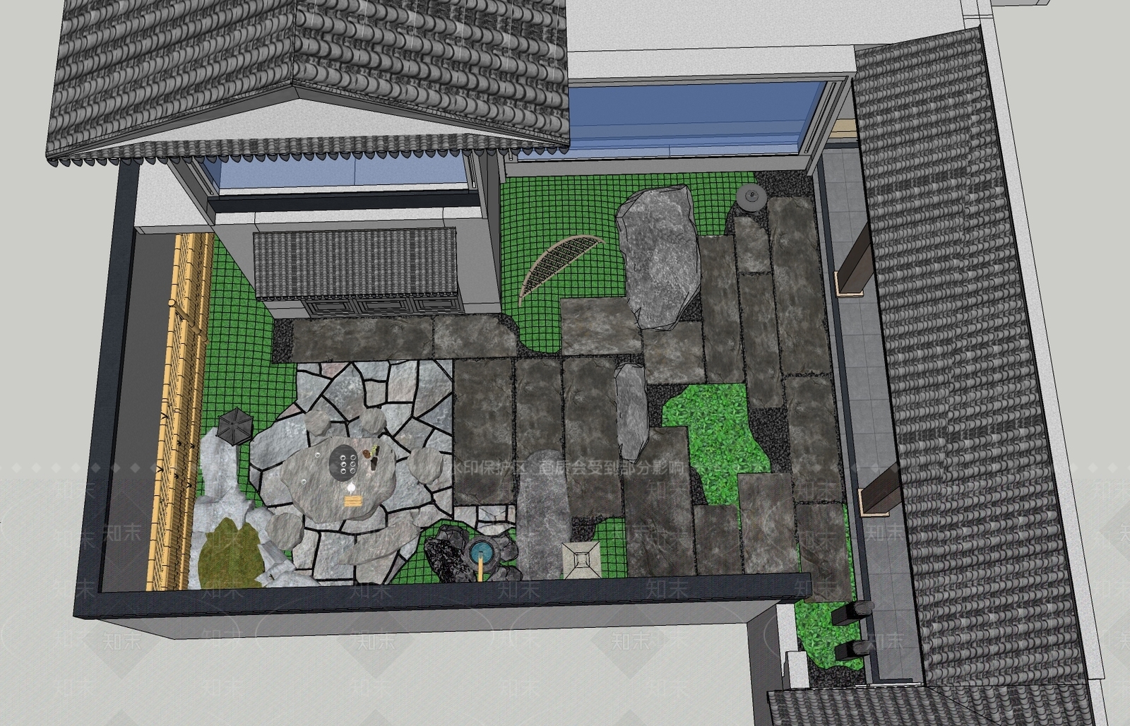 日式别墅庭院花园景观设计SU模型下载【ID:1147319904】