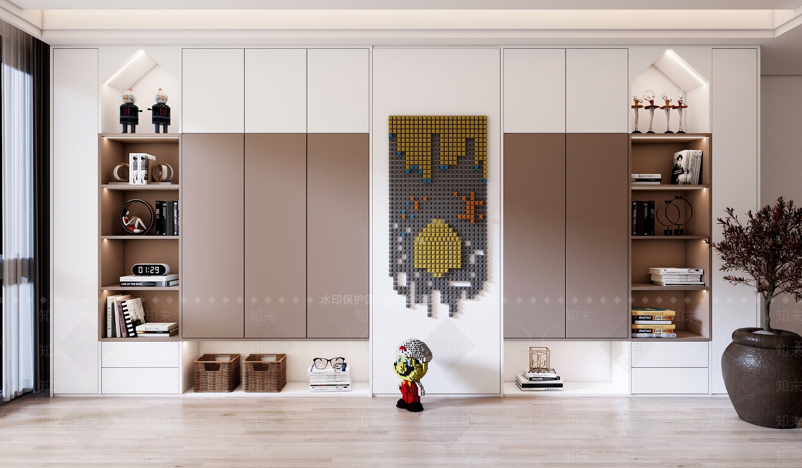 儿童房衣帽间现代奶油风衣柜书架组合3D模型下载【ID:1147322665】