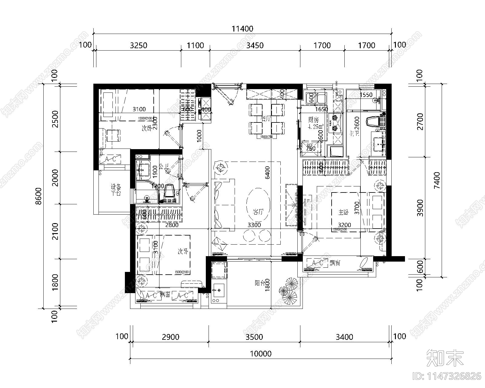 小区建筑住宅户型图标准化平面图施工图下载【ID:1147326826】