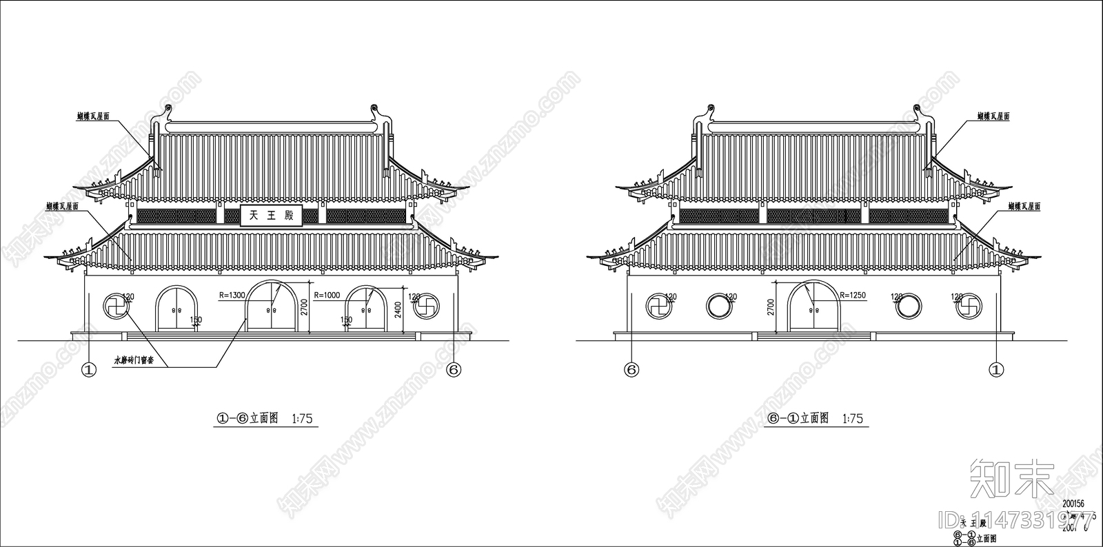 天王殿建筑cad施工图下载【ID:1147331977】