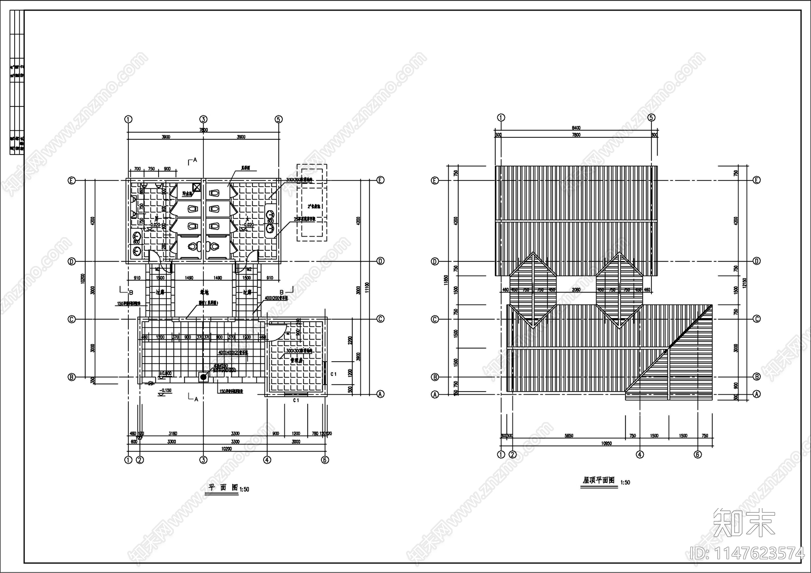 仿古公共卫生间cad施工图下载【ID:1147623574】