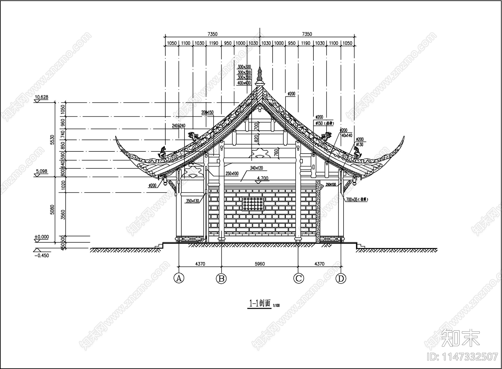 庙宇建筑cad施工图下载【ID:1147332507】