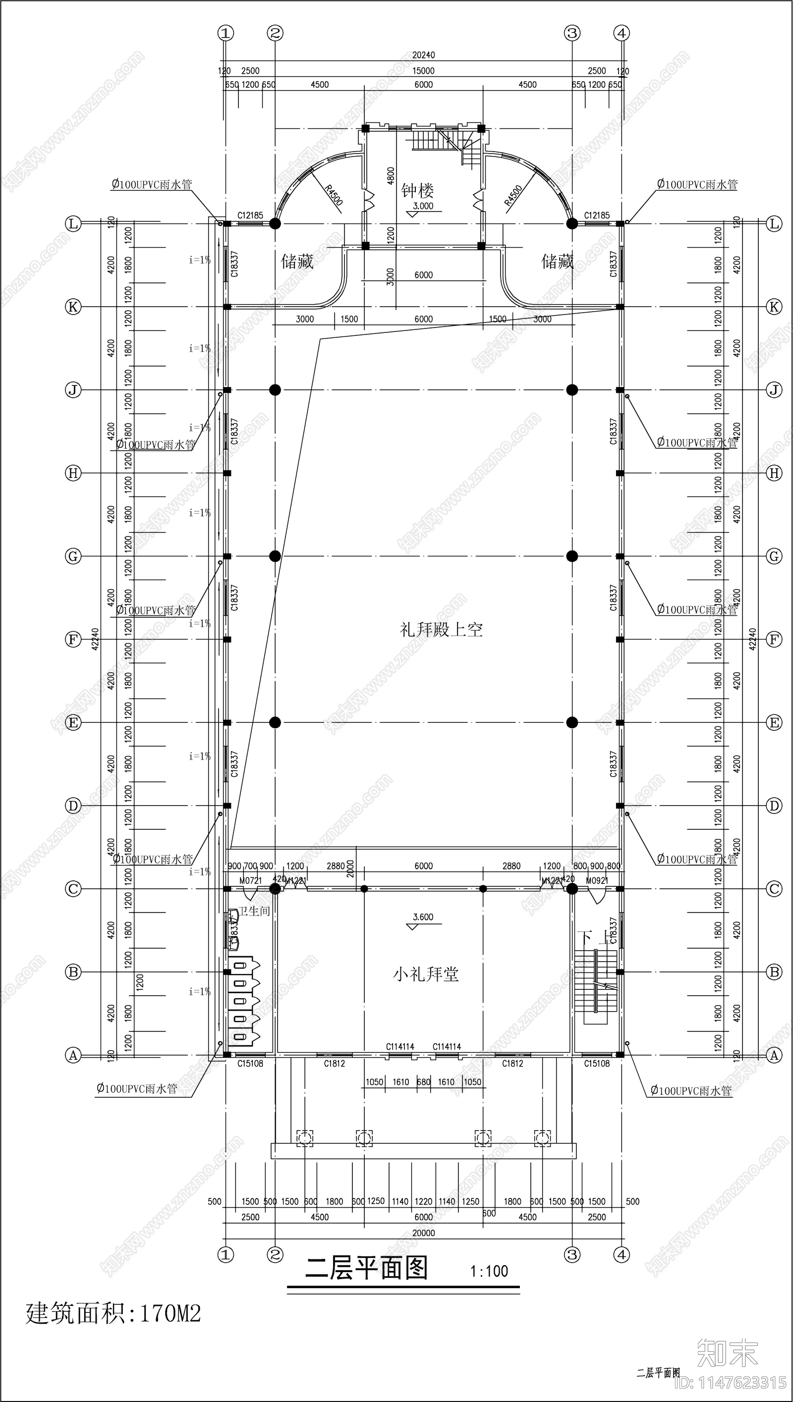 教堂建筑cad施工图下载【ID:1147623315】