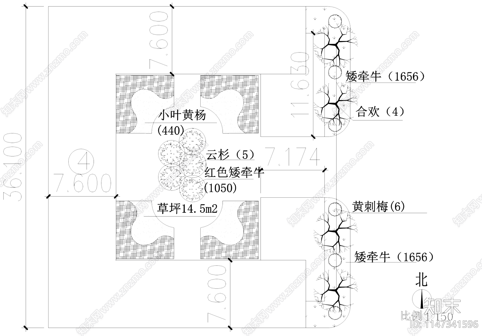五棵松文化体育中心道路景观植物绿化平面图cad施工图下载【ID:1147341596】