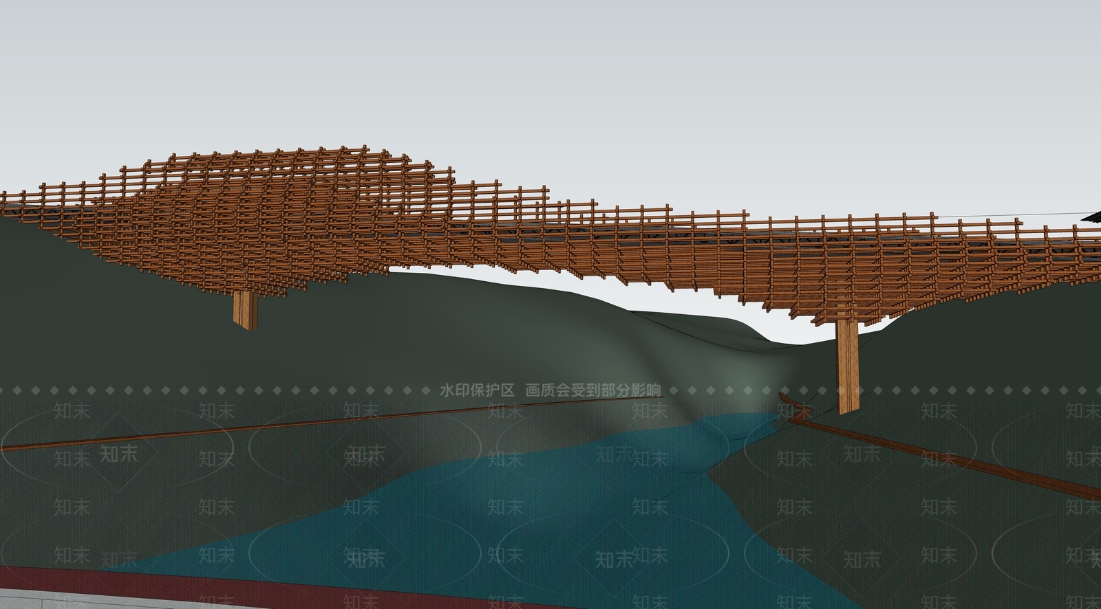 现代木构装饰景观桥SU模型下载【ID:1147345333】