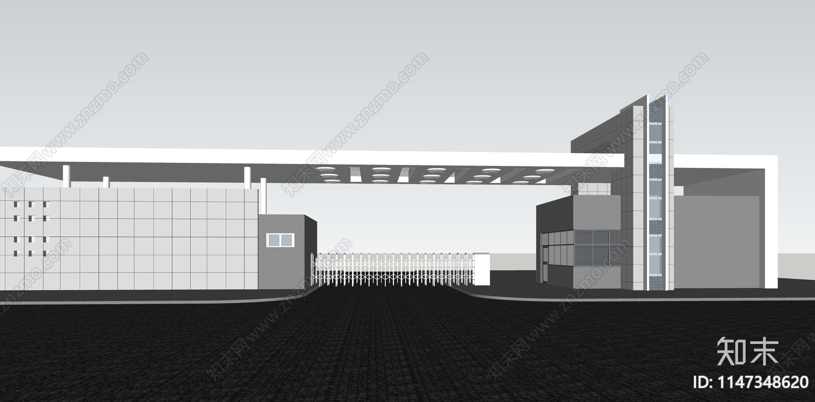 现代学校入口门楼岗亭道闸SU模型下载【ID:1147348620】