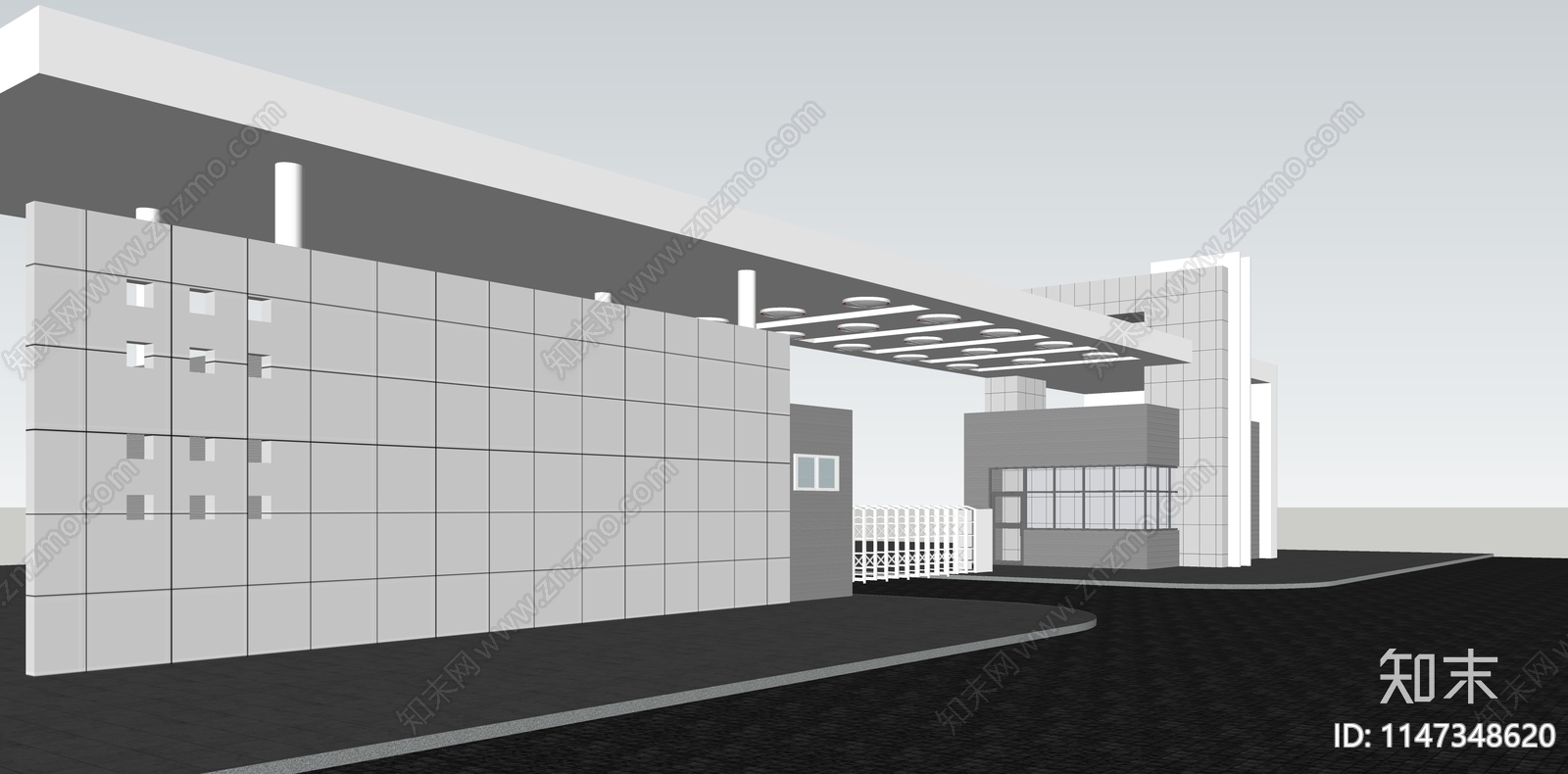 现代学校入口门楼岗亭道闸SU模型下载【ID:1147348620】