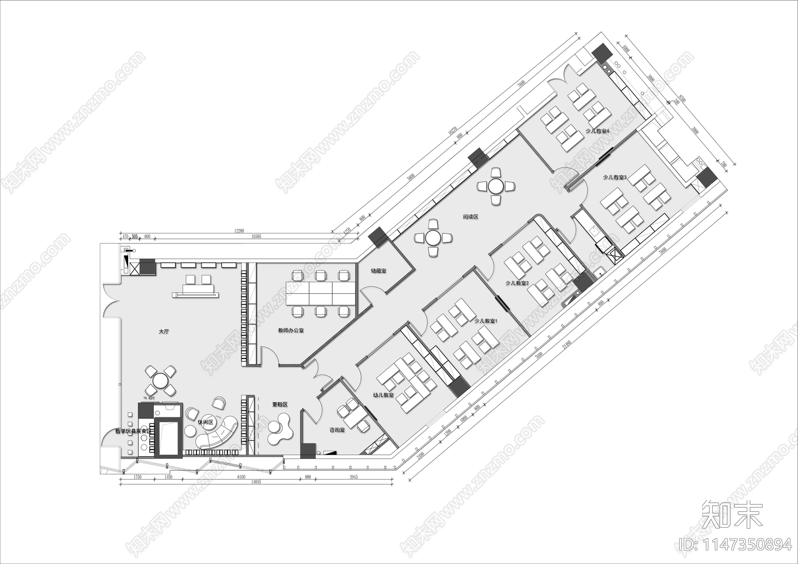 400㎡少儿培训机构平面cad施工图下载【ID:1147350894】
