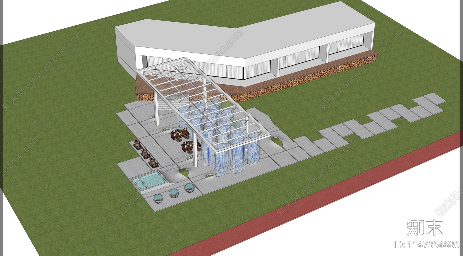 民宿庭院景观廊架SU模型下载【ID:1147354686】