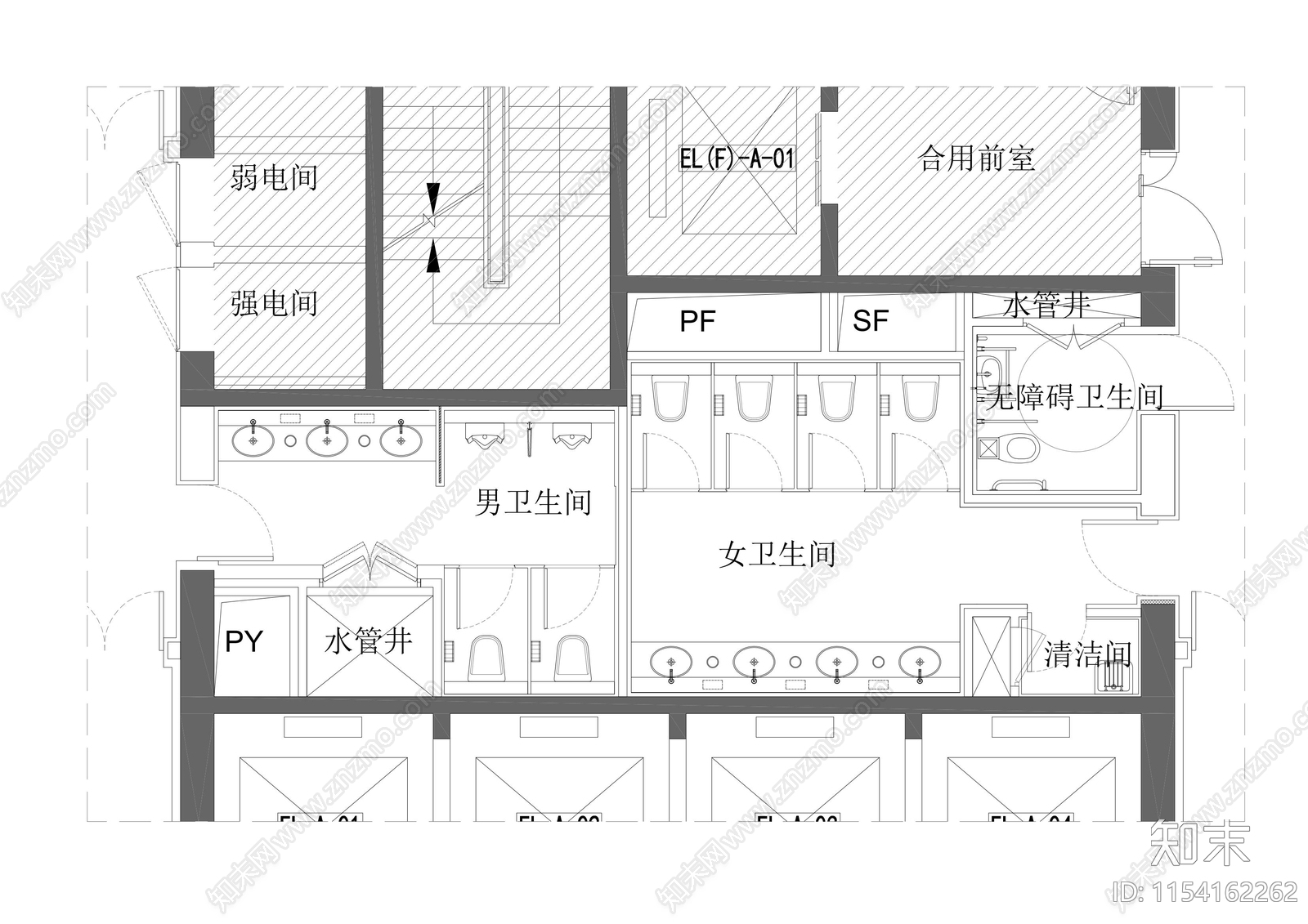 某写字楼公共洗手间cad施工图下载【ID:1154162262】