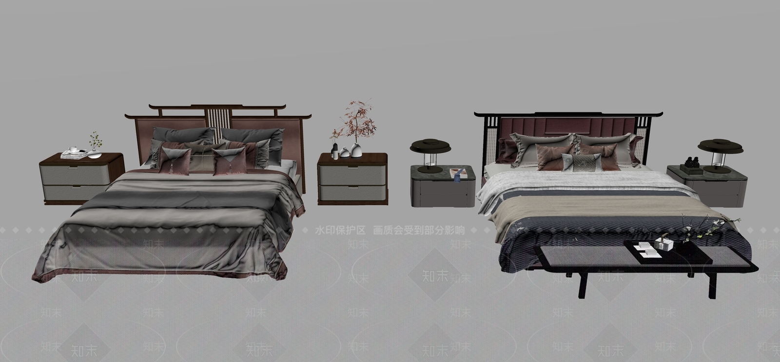 新中式床SU模型下载【ID:1147373216】