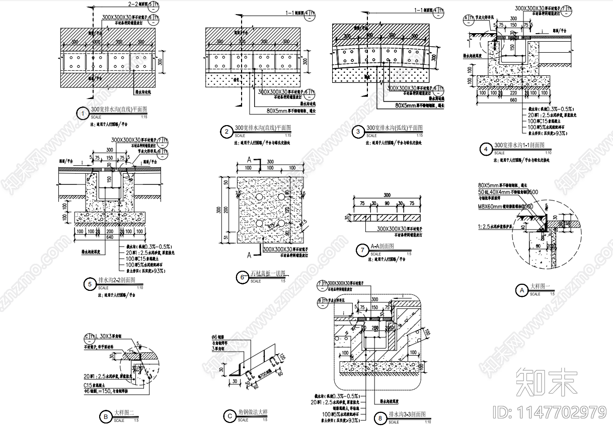 石材排水沟雨水沟详图cad施工图下载【ID:1147702979】