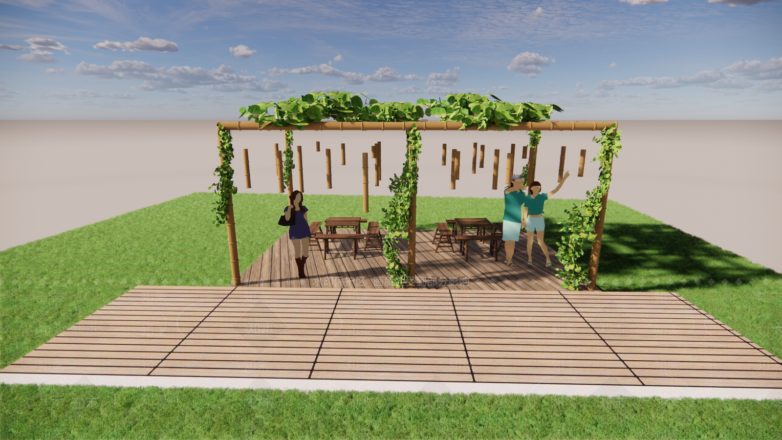 乡村风格竹子做的廊架SU模型下载【ID:1147379805】