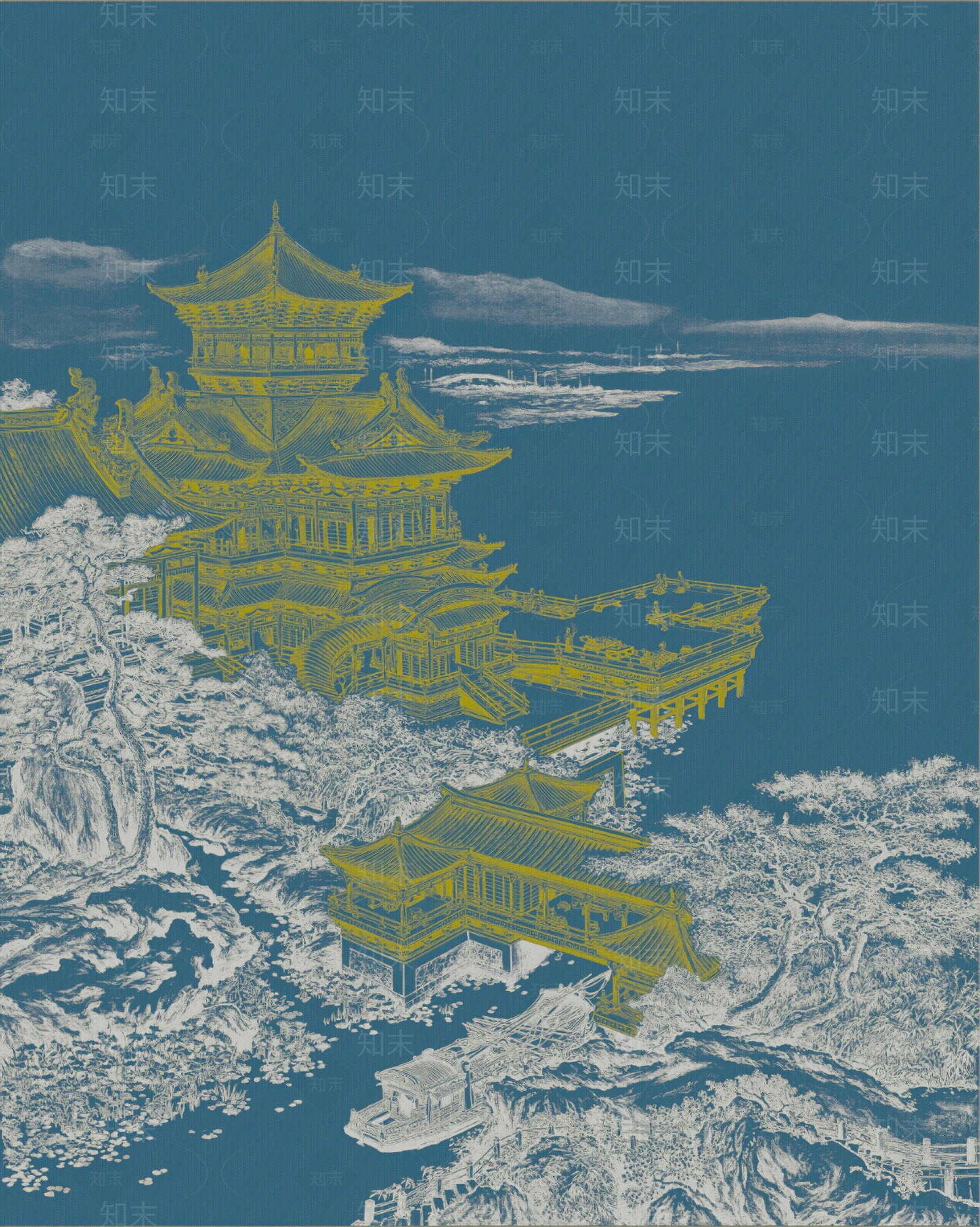 新中式山水亭子壁画壁纸贴图下载【ID:1147381248】