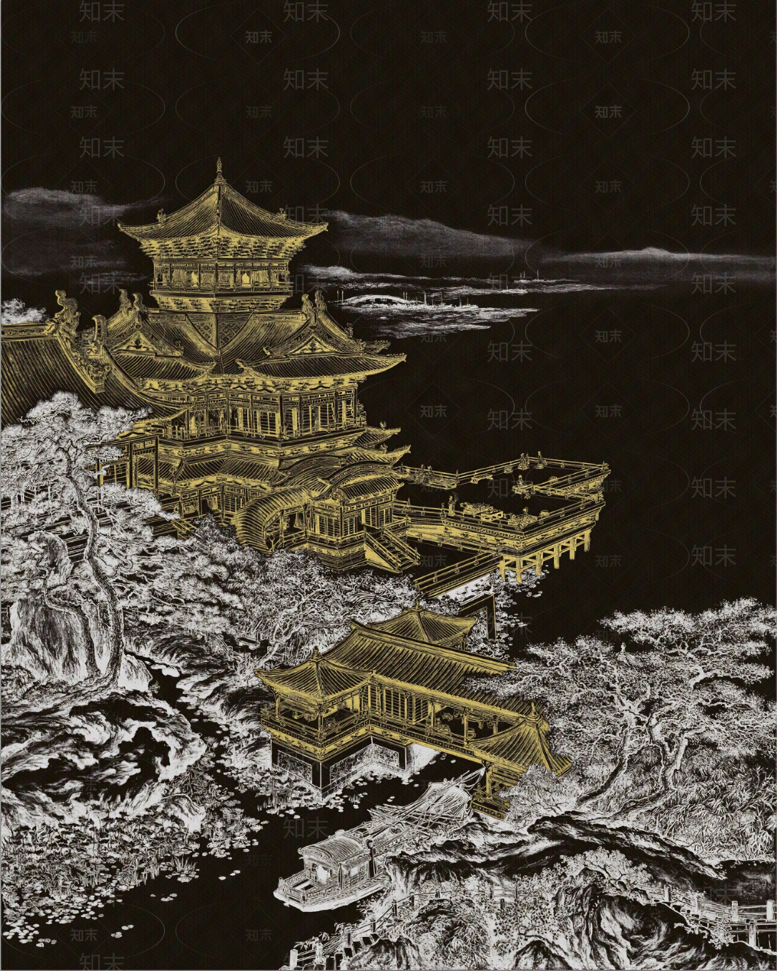 新中式山水亭子壁画壁纸贴图下载【ID:1147381382】