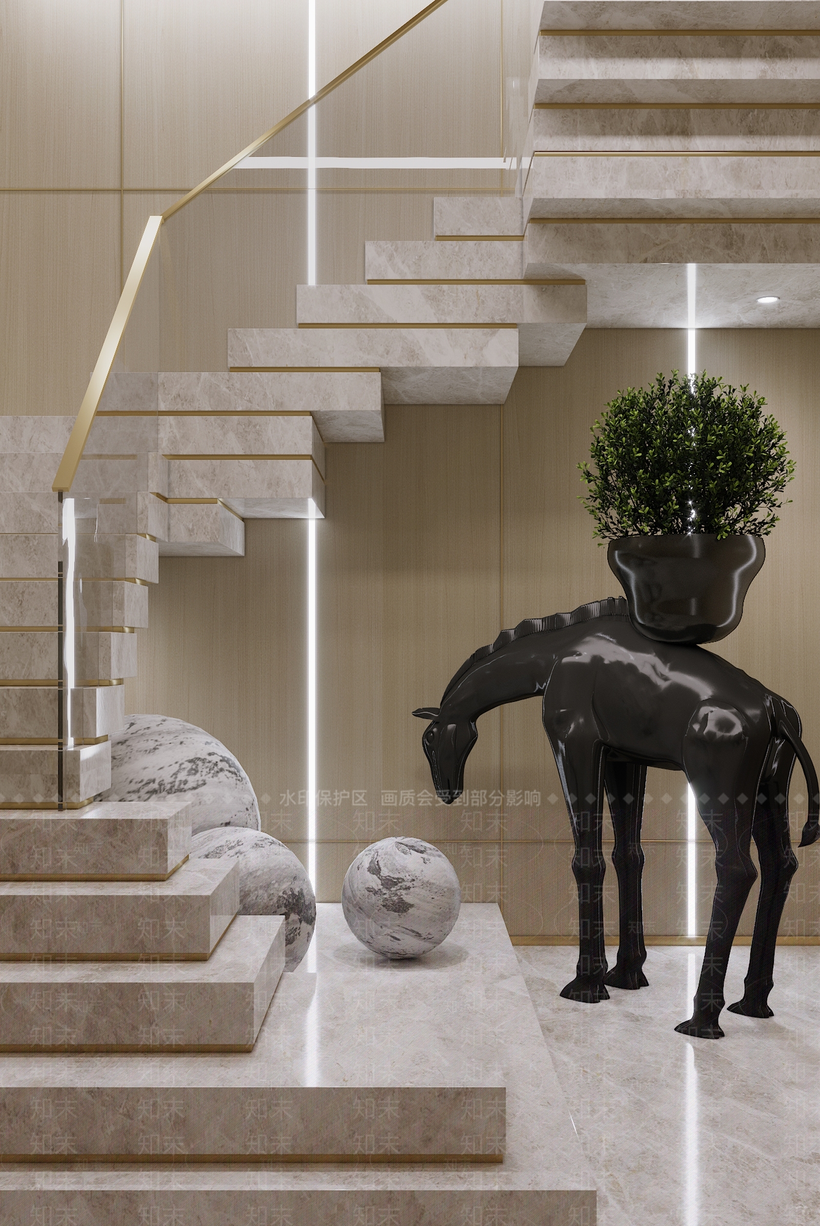 现代叠加楼梯间骏马雕塑SU模型下载【ID:1147389392】