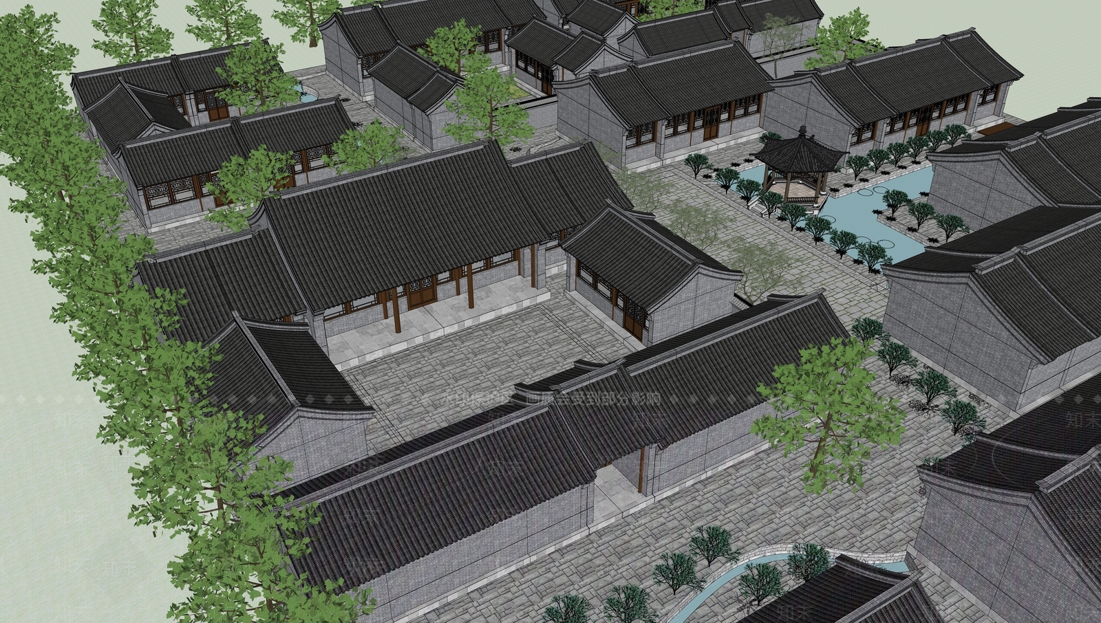 四合院群落古民居SU模型下载【ID:1147390060】